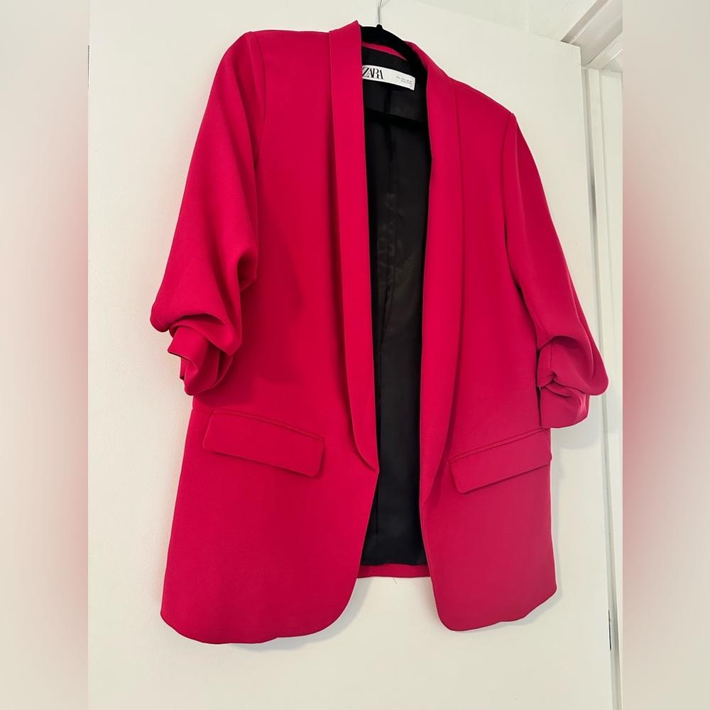 Zara Scrunched Sleeve Pink Blazer